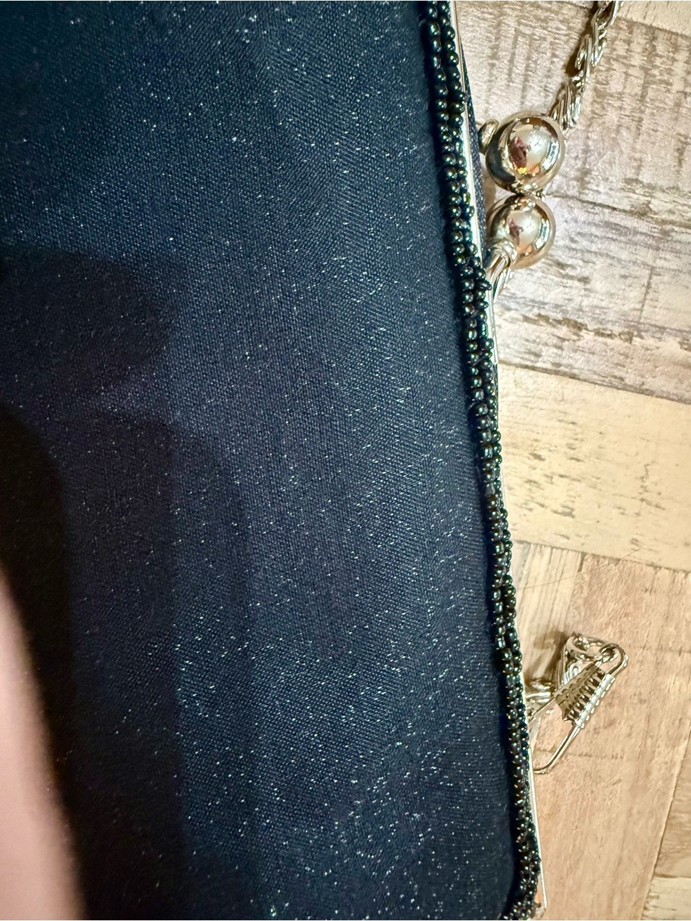 Vintage Style Black Satin Evening Clutch Purse with Silver Beaded Frame & Chain - Picture 4 of 6